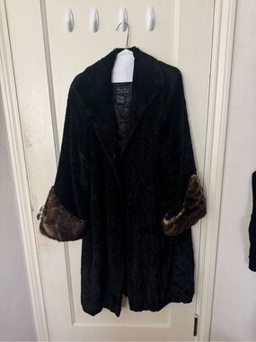 Vintage Faux Fur Black Coat with Brown Cuff Detail
